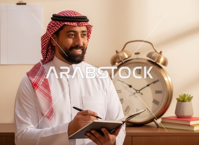 رجل سعودي يكتب في مفكرة ورقية بجانب ساعة منبه كبيرة