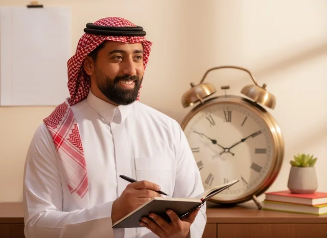 رجل سعودي يكتب في مفكرة ورقية بجانب ساعة منبه كبيرة