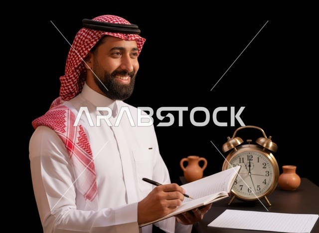رجل سعودي يكتب في دفتر ملاحظات مع ساعة منبه عتيقة