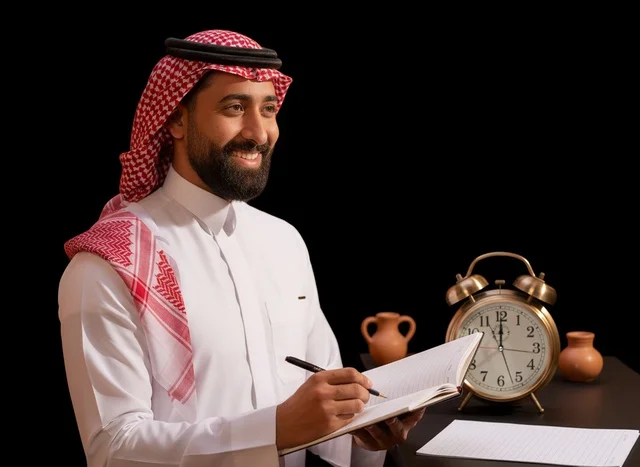 Saudi Man Writing in Notebook with Vintage Alarm Clock