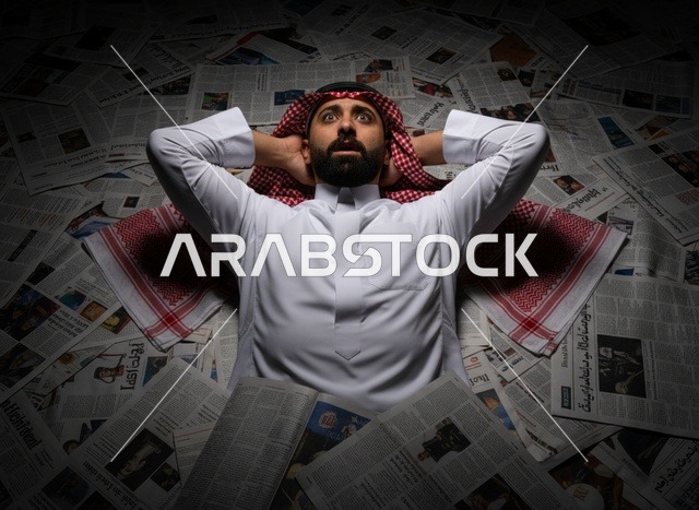 رجل سعودي بتعبيرات مصدومة يستلقي بين الصحف العربية