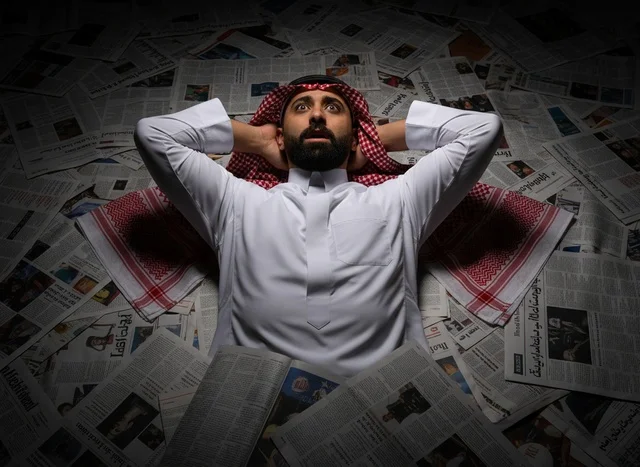 رجل سعودي بتعبيرات مصدومة يستلقي بين الصحف العربية