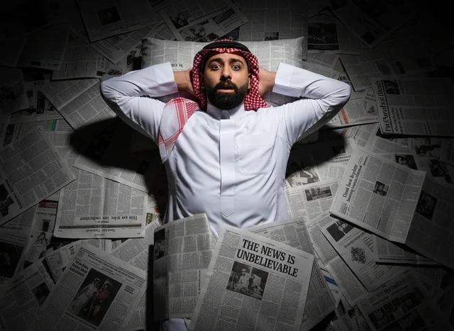 Shocked Saudi Man in Thobe Lying on Pile of Newspapers