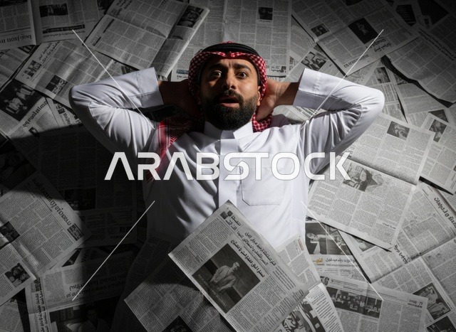 رجل سعودي بملامح مصدومة يستلقي على مجموعة من الصحف