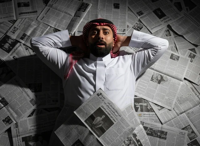 Saudi Man with Shocked Expression Lying on Newspapers