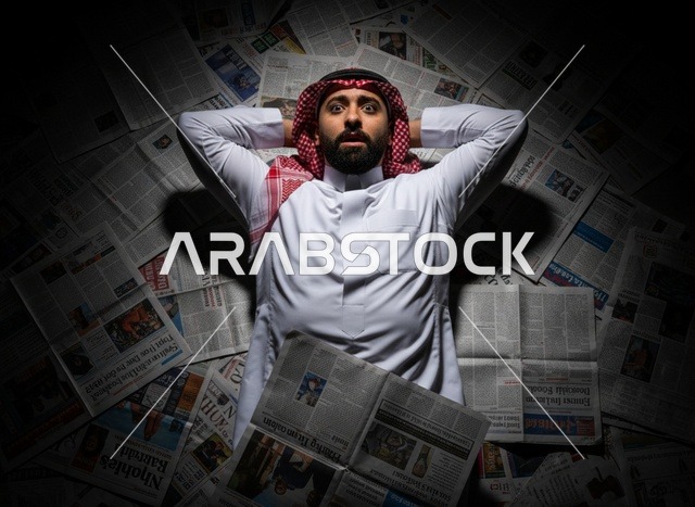 رجل سعودي يستلقي على الصحف الورقية بتعبير مندهش