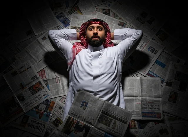 رجل سعودي يستلقي على الصحف الورقية بتعبير مندهش