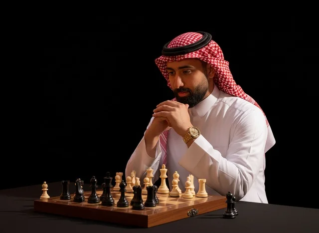 رجل سعودي بالزي التقليدي يلعب الشطرنج
