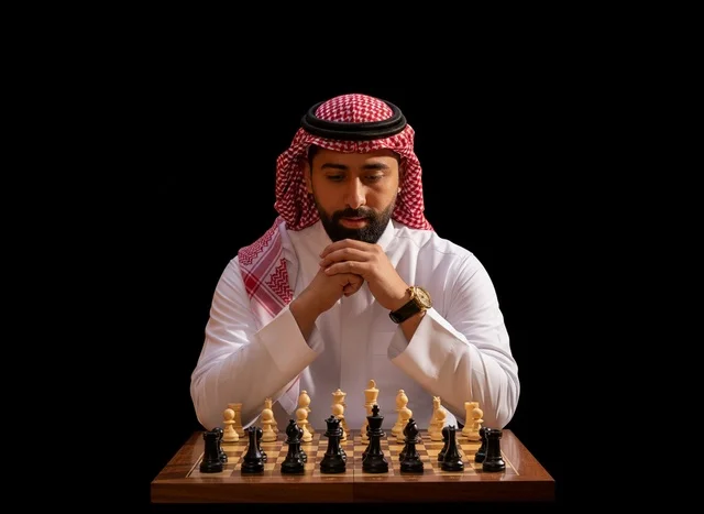 Saudi Man in Traditional Dress Playing Chess Strategy