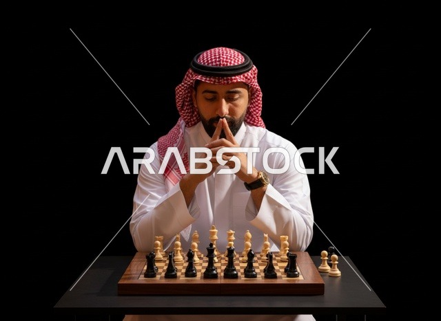 Saudi Man Playing Chess with Focused Strategy