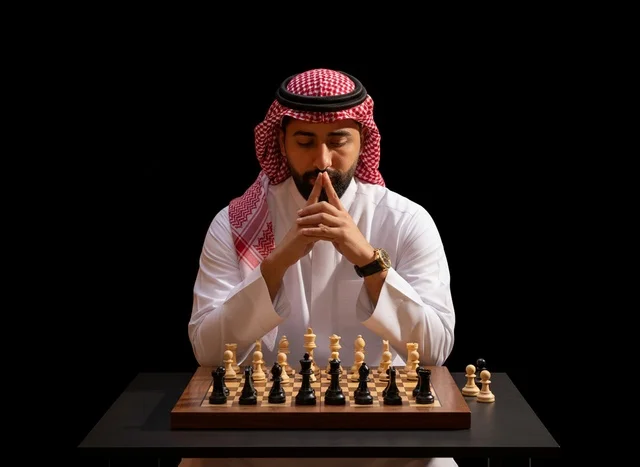 رجل سعودي يلعب الشطرنج بتفكير استراتيجي مركز