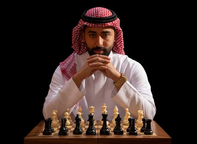 Saudi Man in Traditional Dress Playing Chess