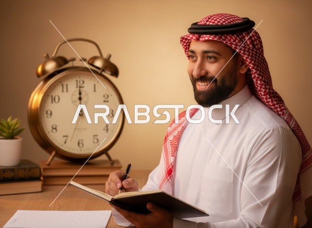 رجل سعودي يكتب في مفكرة بجانب ساعة مكتب