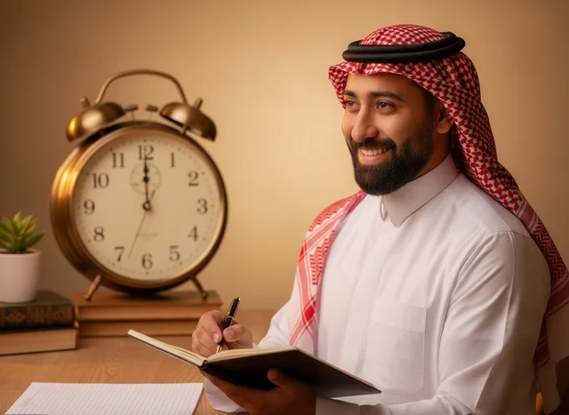 Saudi Man Writing in Notebook at Office Desk