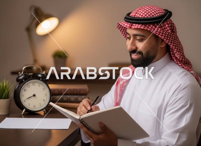 رجل سعودي يكتب في دفتر ملاحظات على مكتب العمل
