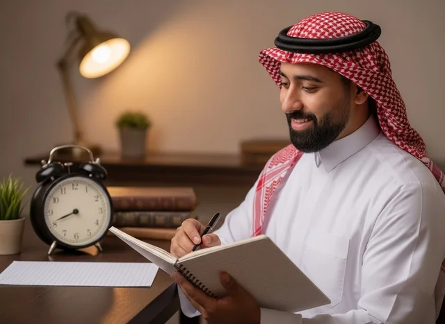 Saudi Man Writing in Notebook at Desk with Alarm Clock