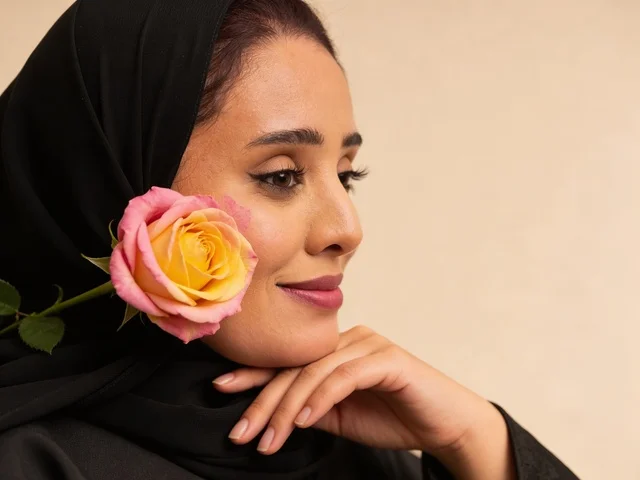 Saudi Woman in Black Abaya Holding a Rose Portrait Saudi Woman in Black Abaya Holding a Rose Portrait