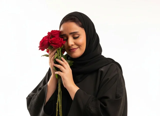 امرأة سعودية بالعباءة تحمل ورود حمراء في الاستوديو