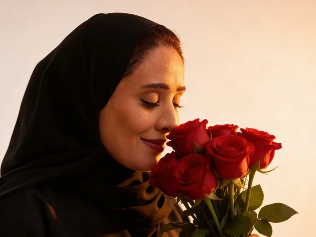 امرأة سعودية بالعباءة تشم الورود الحمراء وقت الغروب