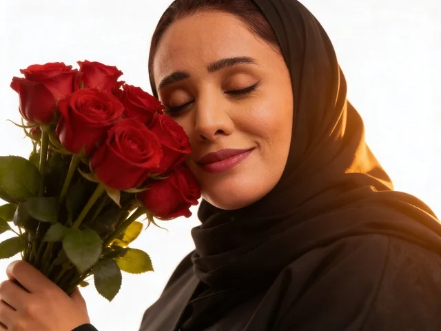 Saudi Woman in Abaya Holding Red Roses