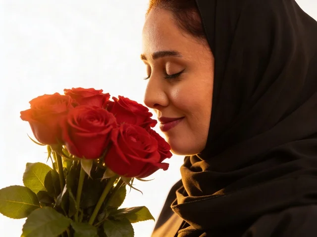 امرأة سعودية بالعباءة تستنشق باقة ورد أحمر