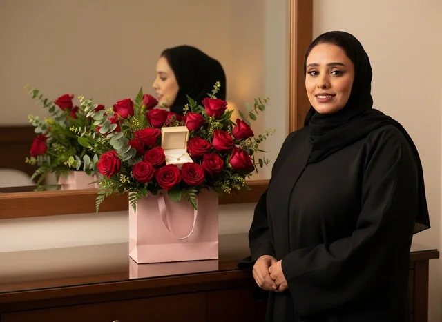 امرأة سعودية بالعباءة مع باقة ورد وصندوق مجوهرات