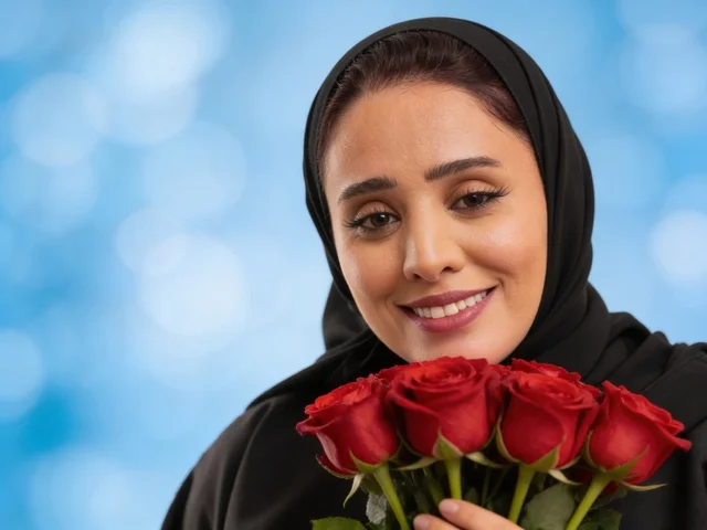 Saudi Woman in Black Abaya Holding Red Roses
