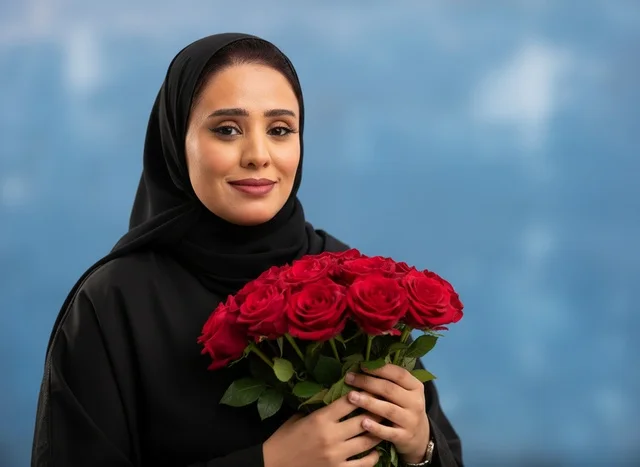 امرأة سعودية بالعباءة تحمل باقة ورد أحمر