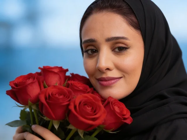 Saudi Woman in Hijab Holding Red Roses Close-up Portrait Saudi Woman in Hijab Holding Red Roses Close-up Portrait