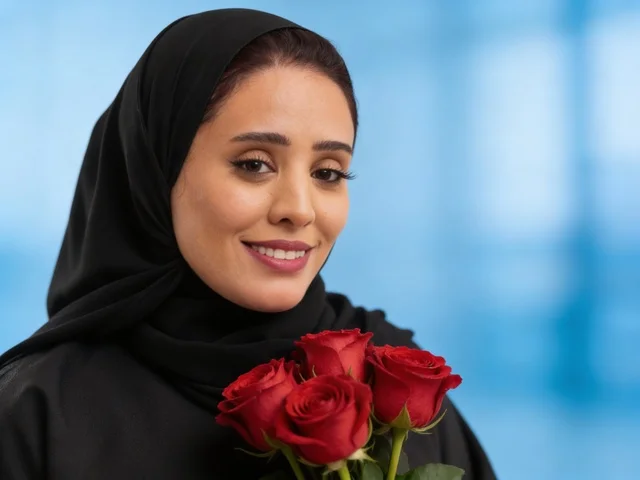 Saudi Woman in Abaya Holding Red Roses