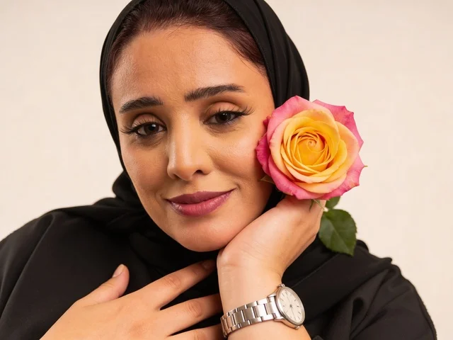 امرأة سعودية بالعباءة السوداء تمسك وردة لقطة قريبة