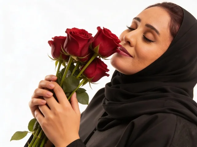 امرأة سعودية بالعباءة تشم باقة من الورد الأحمر