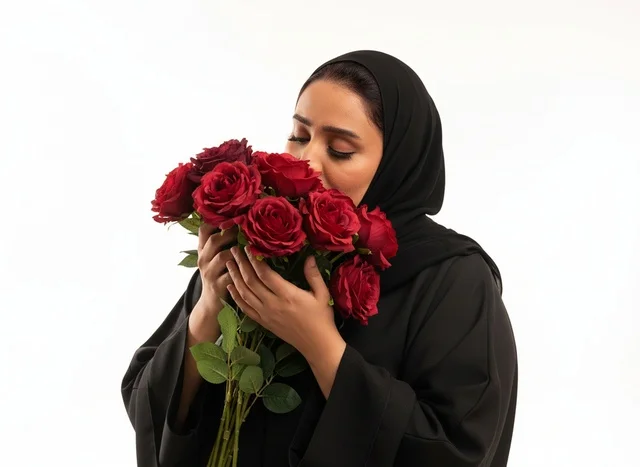 Emirati Woman in Black Abaya Smelling Red Roses