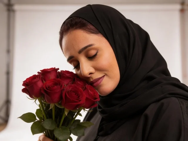 امرأة سعودية بالعباءة تحمل ورود حمراء