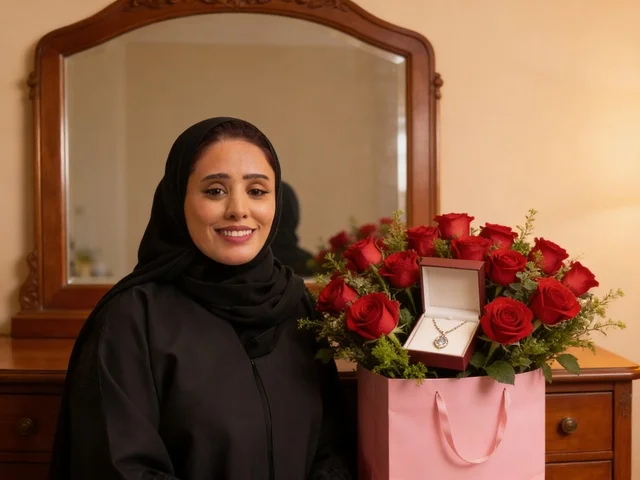 امرأة سعودية بالعباءة مع باقة ورد وهدية مجوهرات