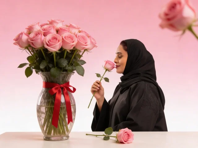 امرأة سعودية بالعباءة تشم باقة من الورد الوردي