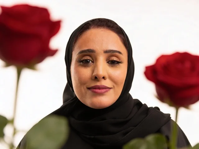 Saudi Woman in Hijab with Red Roses Studio Portrait