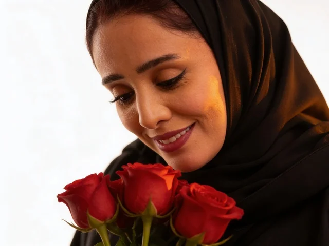امرأة سعودية بالعباءة السوداء تمسك ورود حمراء
