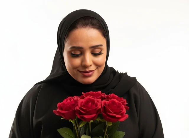 امرأة إماراتية بالعباءة السوداء تحمل باقة ورد حمراء