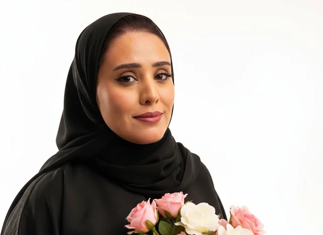 امرأة سعودية بالعباءة السوداء تحمل باقة ورد في الاستوديو