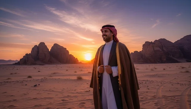 Saudi Man in Traditional Bisht at Desert Sunset