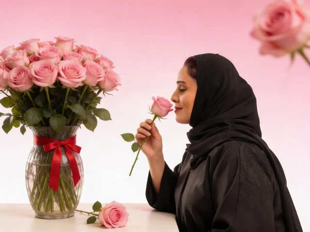 امرأة إماراتية بالعباءة تشم الورود الزهرية