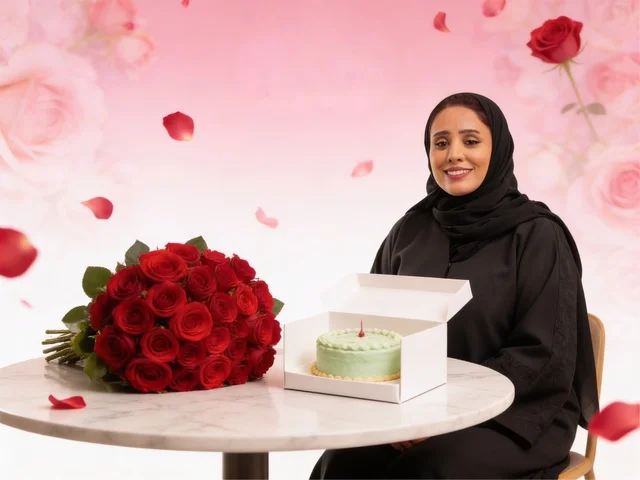 امرأة عربية بالعباءة مع باقة ورد أحمر وكعكة احتفال