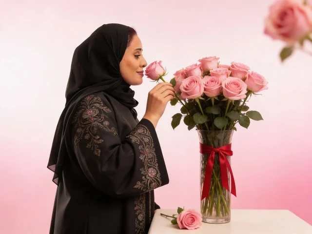 امرأة سعودية بعباءة سوداء تستنشق الورد الوردي