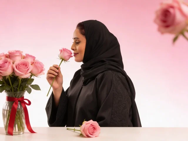 Emirati Woman in Abaya Smelling Pink Rose