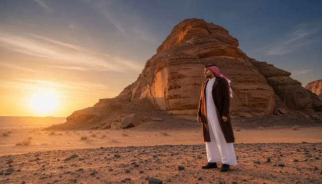 رجل سعودي بالزي التقليدي في الصحراء وقت الغروب