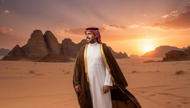 Saudi Man in Traditional Bisht in Desert Sunset