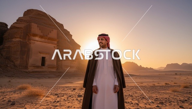 رجل سعودي في منطقة الحجر بالعلا وقت الغروب