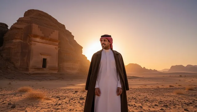 رجل سعودي في منطقة الحجر بالعلا وقت الغروب