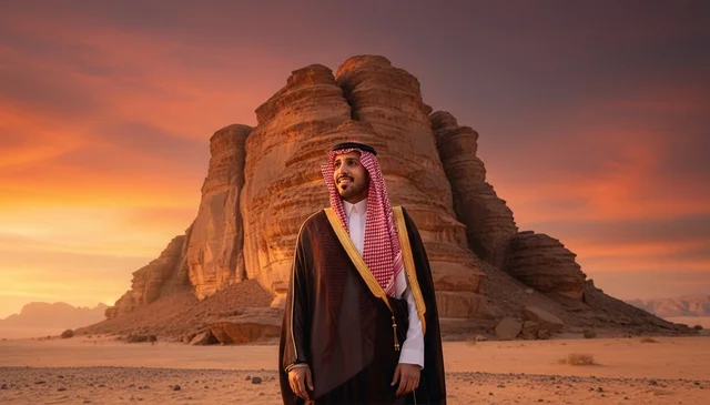 رجل سعودي بالبشت التقليدي في صحراء العلا وقت الغروب